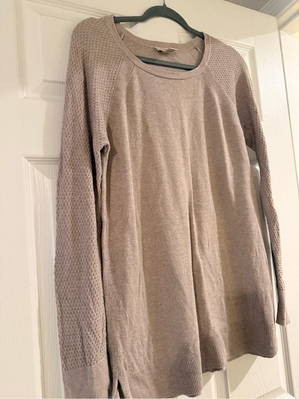 Ann Taylor Taupe Crewneck Sweater with Textured Sleeves